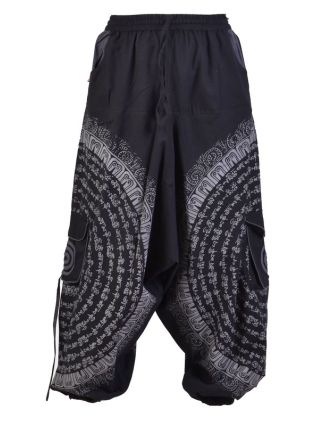 Turecké kalhoty s kapsami, guma v pase, černo-šedivé, potisk mantra a sloni