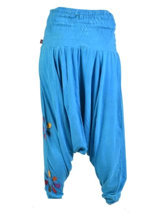 Tyrkysové turecké kalhoty s barevnými květinami, výšivka, bobbin