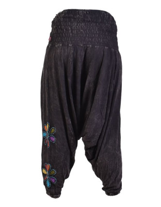 Černé turecké kalhoty s barevnými květinami, výšivka, bobbin
