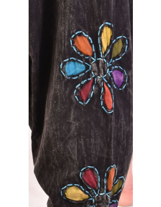 Černé turecké kalhoty s barevnými květinami, výšivka, bobbin