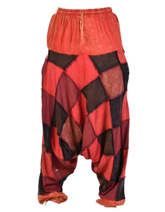 Turecké unisex kalhoty, kapsy, patchwork, červené odstíny
