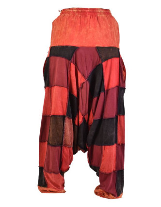 Turecké unisex kalhoty, kapsy, patchwork, červené odstíny