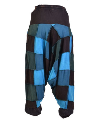 Turecké unisex kalhoty, kapsy, patchwork, modro-černé