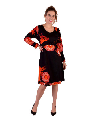 Černé šaty s dlouhým rukávem "Flower Mandala", barevný potisk