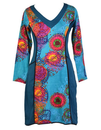 Tyrkysové šaty s dlouhým rukávem, Flower Mandala potisk, kapsy
