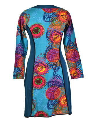 Tyrkysové šaty s dlouhým rukávem, Flower Mandala potisk, kapsy
