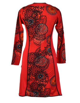 Červené šaty s dlouhým rukávem, Flower Mandala potisk, kapsy