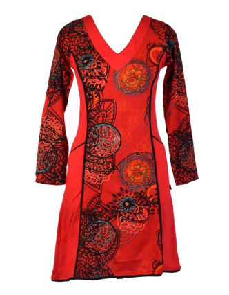 Červené šaty s dlouhým rukávem, Flower Mandala potisk, kapsy