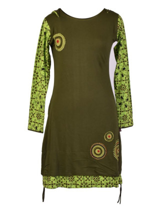 Zeleno-khaki šaty s kapucí a dlouhým rukávem, aplikace mandal