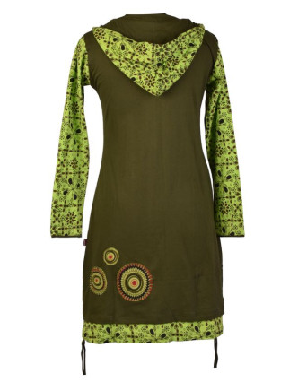 Zeleno-khaki šaty s kapucí a dlouhým rukávem, aplikace mandal