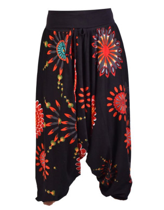 Černé turecké kalhoty s vysokým pasem, "Flower mandala"