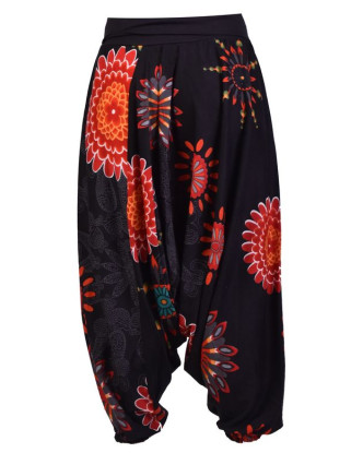 Černé turecké kalhoty s vysokým pasem, "Flower mandala"