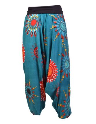 Tyrkysové turecké kalhoty s vysokým pasem, "Flower mandala"
