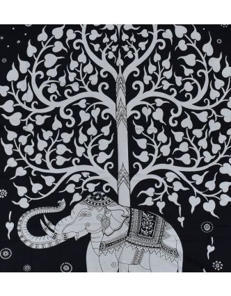 Přehoz na postel, Slon a strom života, černo-bílý, 204x227cm