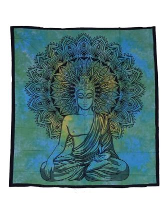 Přehoz na postel, Buddha, zeleno-modrý, 204x230cm