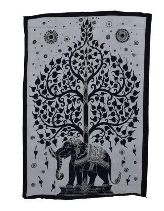 Přehoz na postel, Slon a strom života, bílo černý, 140x200cm