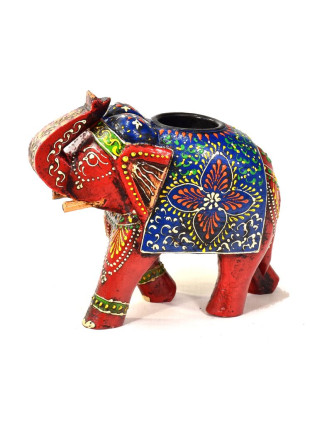 Dřevěný, ručně malovaný svícen slon, 19x7x15cm
