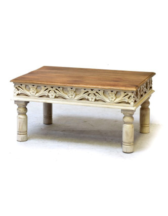 Konferenční stolek z mangového dřeva, ruční řezby, bílá patina, 90x60x47cm