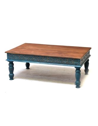 Konferenční stolek z teakového dřeva, ruční řezby, tyrkysová patina, 120x75x46cm