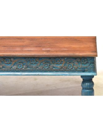 Konferenční stolek z teakového dřeva, ruční řezby, tyrkysová patina, 120x75x46cm