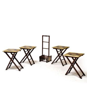Čtyři skládací židličky z palisandu zdobené mosazí se stojánkem, 36x22x81cm