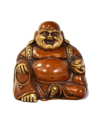 Smějící se Buddha, mosazná soška, měděná patina, 12x9x11cm