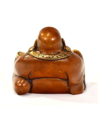 Smějící se Buddha, mosazná soška, měděná patina, 12x9x11cm