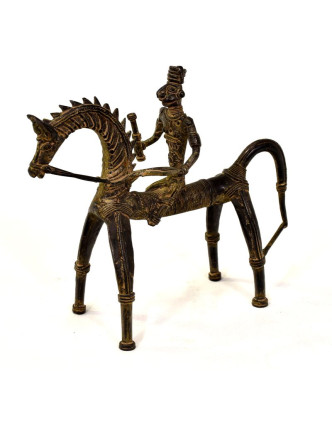 Jezdec na koni, mosazná soška, tribal art, 23x9x20cm