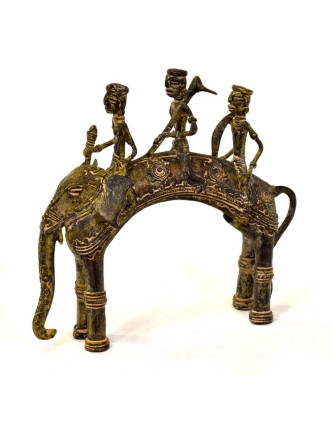 Jezdci na slonovi, mosazná soška, tribal art, 20x7x18cm