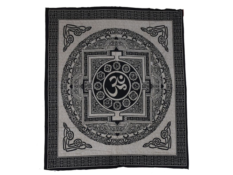 Přehoz na postel, hnědo-béžový, černý tisk, tibetská mandala, 205x220cm