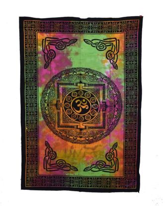 Přehoz přes postel s tibetskou mandalou, barevná batika, 140x200cm