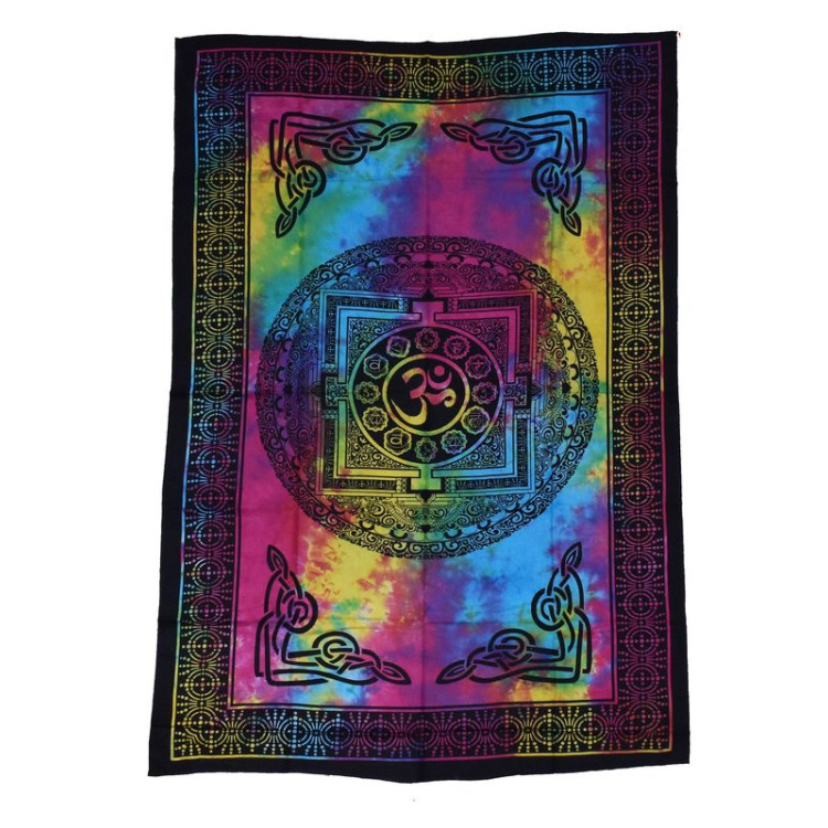 Přehoz přes postel s tibetskou mandalou, barevná batika, 140x200cm