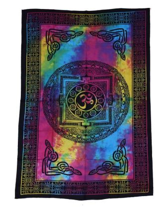 Přehoz přes postel s tibetskou mandalou, barevná batika, 140x200cm