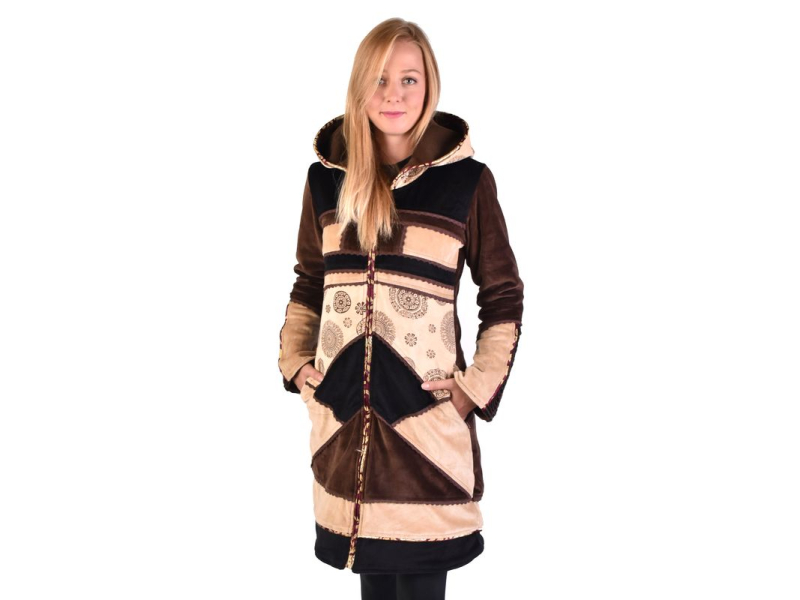 Hnědo-béžový sametový kabátek s kapucí, patchwork a Chakra tisk