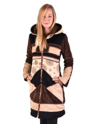 Hnědo-béžový sametový kabátek s kapucí, patchwork a Chakra tisk