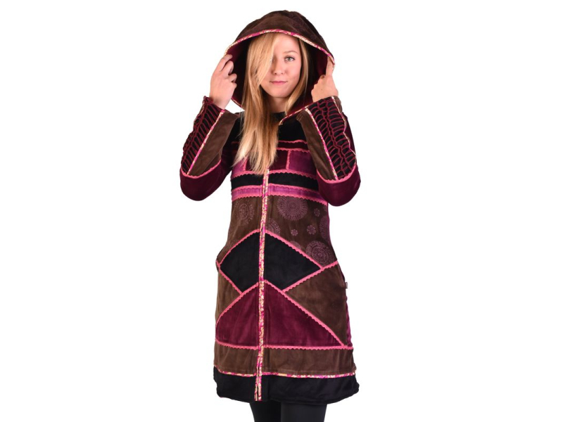 Růžovo-hnědý sametový kabátek s kapucí, patchwork a Chakra tisk