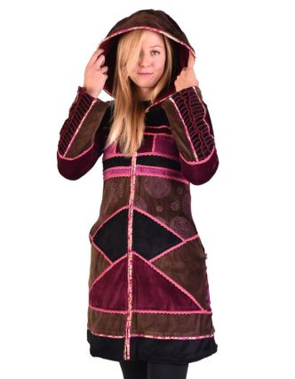 Růžovo-hnědý sametový kabátek s kapucí, patchwork a Chakra tisk