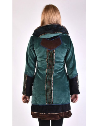 Smaragdovo-hnědý sametový kabátek s kapucí, patchwork a Chakra tisk