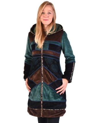 Smaragdovo-hnědý sametový kabátek s kapucí, patchwork a Chakra tisk