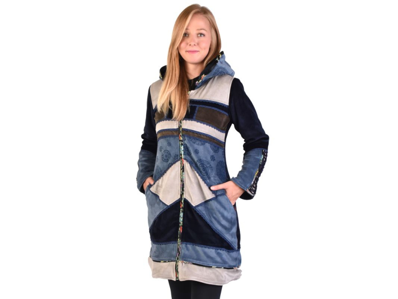 Modro-šedý sametový kabátek s kapucí, patchwork a Chakra tisk