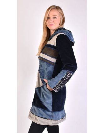 Modro-šedý sametový kabátek s kapucí, patchwork a Chakra tisk