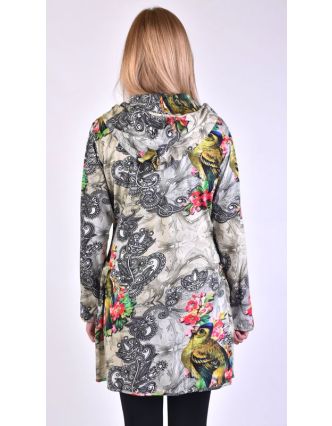 Kabát s kapucí, zapínaný na zip, potisk papoušků a květin
