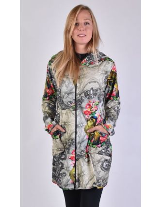 Kabát s kapucí z tričkoviny, zapínaný na zip, potisk papoušků a květin