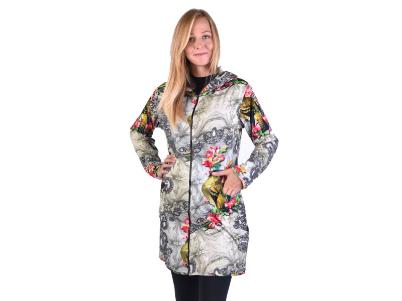 Kabát s kapucí z tričkoviny, zapínaný na zip, potisk papoušků a květin