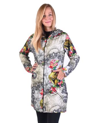 Kabát s kapucí, zapínaný na zip, potisk papoušků a květin