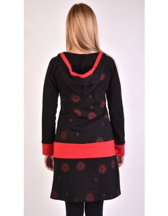 Mikinové šaty, dlouhý rukáv, černo-červené, kapuce, kapsa