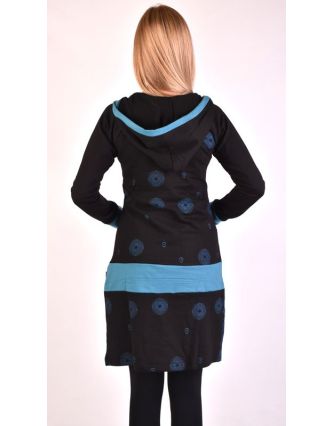 Mikinové šaty, dlouhý rukáv, černo-modré s kapucí, kapsou a potiskem