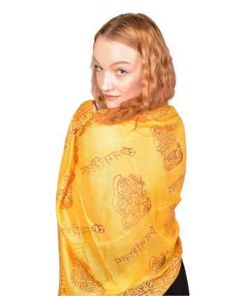 Šátek Ramnami, žlutý s vínovým potiskem, viskóza, 90x200cm