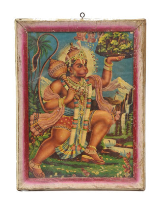 Starý tisk v rámu, "HANUMAN", Rajastan, antik, 28x36cm