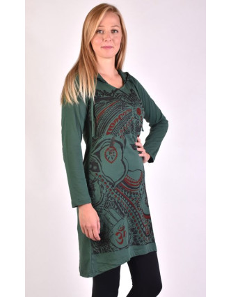 Krátké šaty s dlouhým rukávem a kapucí, zelené, vínovo-černý potisk Ganeshi